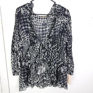 Notations Top Womens 2X Tie Front Ruffle Neck Dark Artsy Abstract Goth Retro